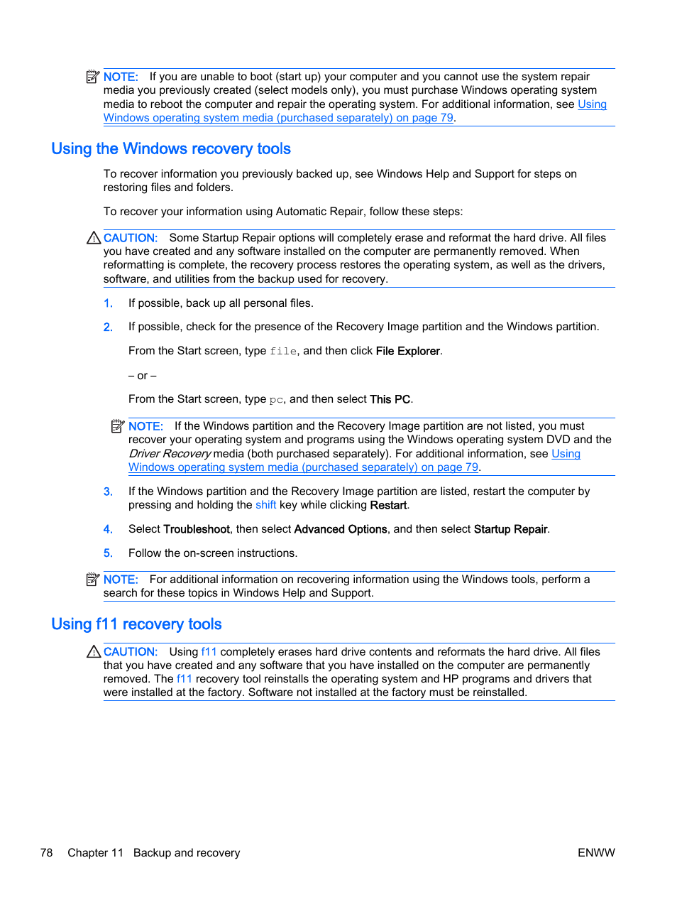 Using the windows recovery tools, Using f11 recovery tools | HP EliteBook 725 G2 Notebook PC User Manual | Page 88 / 114