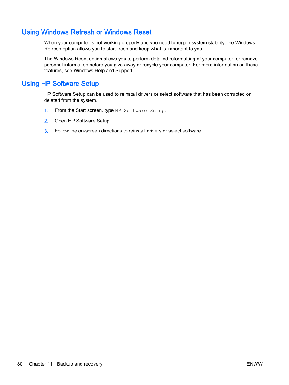 Using windows refresh or windows reset, Using hp software setup | HP EliteBook 725 G2 Notebook PC User Manual | Page 90 / 114