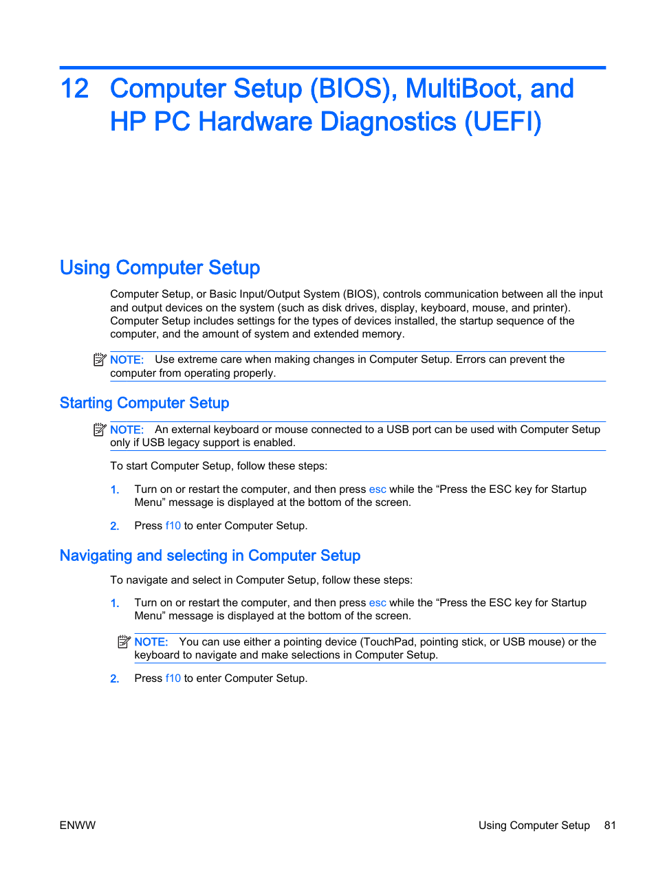 Using computer setup, Starting computer setup, Navigating and selecting in computer setup | HP EliteBook 725 G2 Notebook PC User Manual | Page 91 / 114