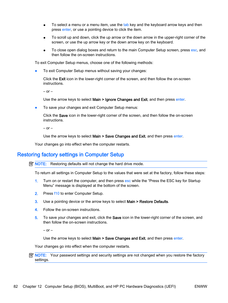 Restoring factory settings in computer setup | HP EliteBook 725 G2 Notebook PC User Manual | Page 92 / 114