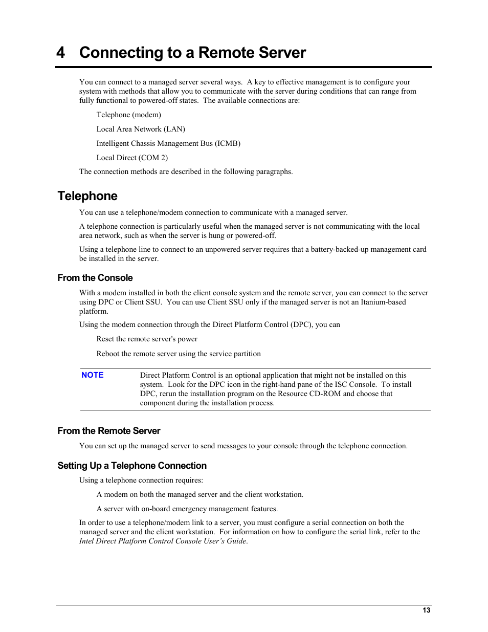 4 connecting to a remote server, Telephone, From the console | From the remote server, Setting up a telephone connection, Connecting to a remote server | HP Integrity rx4610 Server User Manual | Page 17 / 25