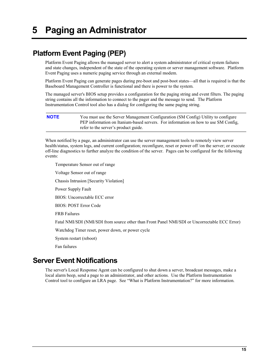 5 paging an administrator, Platform event paging (pep), Server event notifications | Paging an administrator | HP Integrity rx4610 Server User Manual | Page 19 / 25
