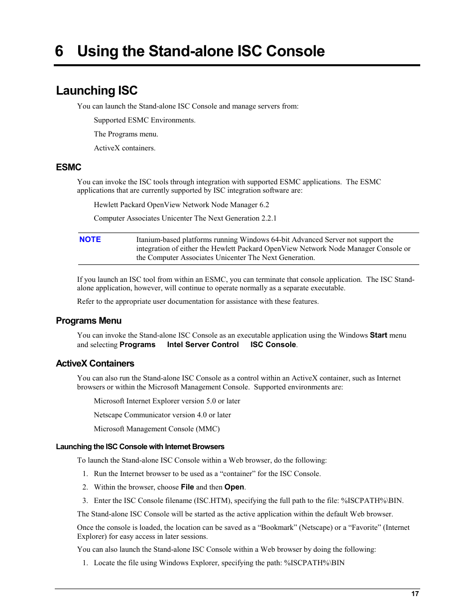 6 using the stand-alone isc console, Launching isc, Esmc | Programs menu, Activex containers, Using the stand-alone isc console | HP Integrity rx4610 Server User Manual | Page 21 / 25