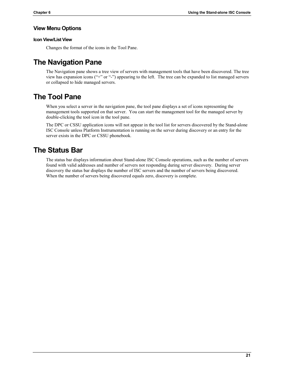 View menu options, The navigation pane, The tool pane | The status bar | HP Integrity rx4610 Server User Manual | Page 25 / 25
