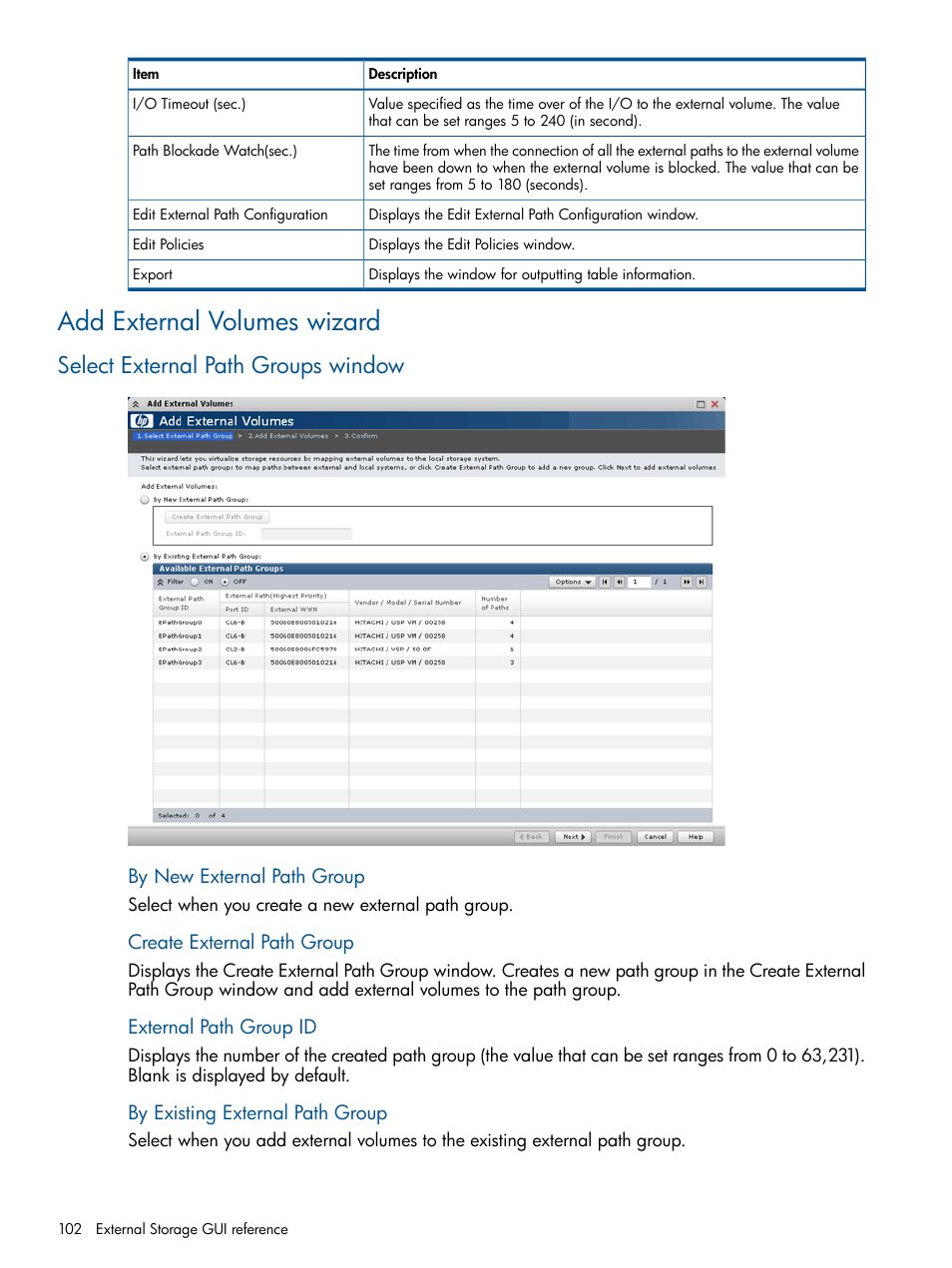 Add external volumes wizard, Select external path groups window | HP XP P9500 Storage User Manual | Page 102 / 133