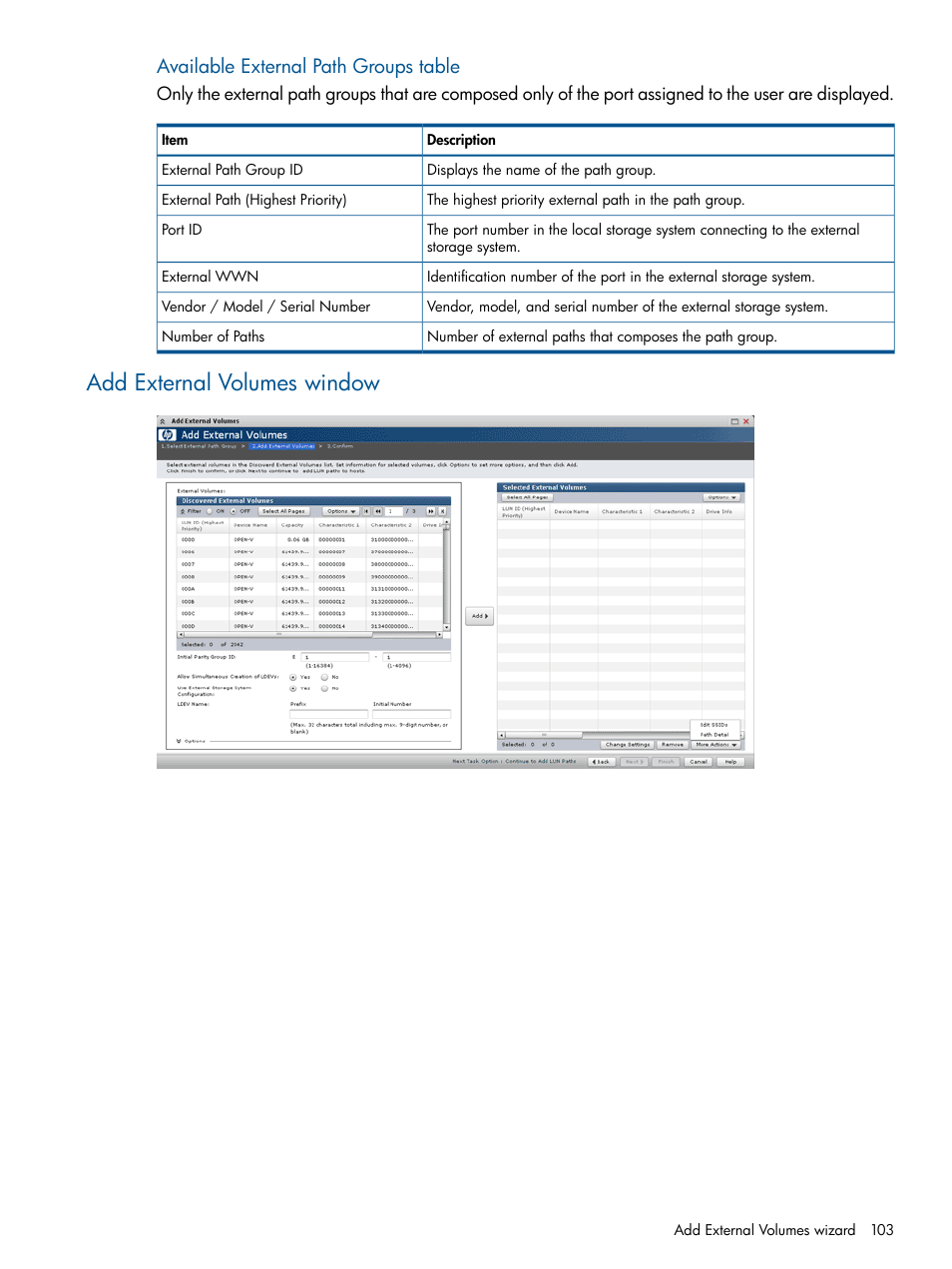 Add external volumes window, Available external path groups table | HP XP P9500 Storage User Manual | Page 103 / 133