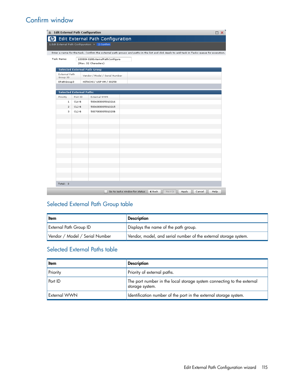 Confirm window, Selected external path group table, Selected external paths table | HP XP P9500 Storage User Manual | Page 115 / 133