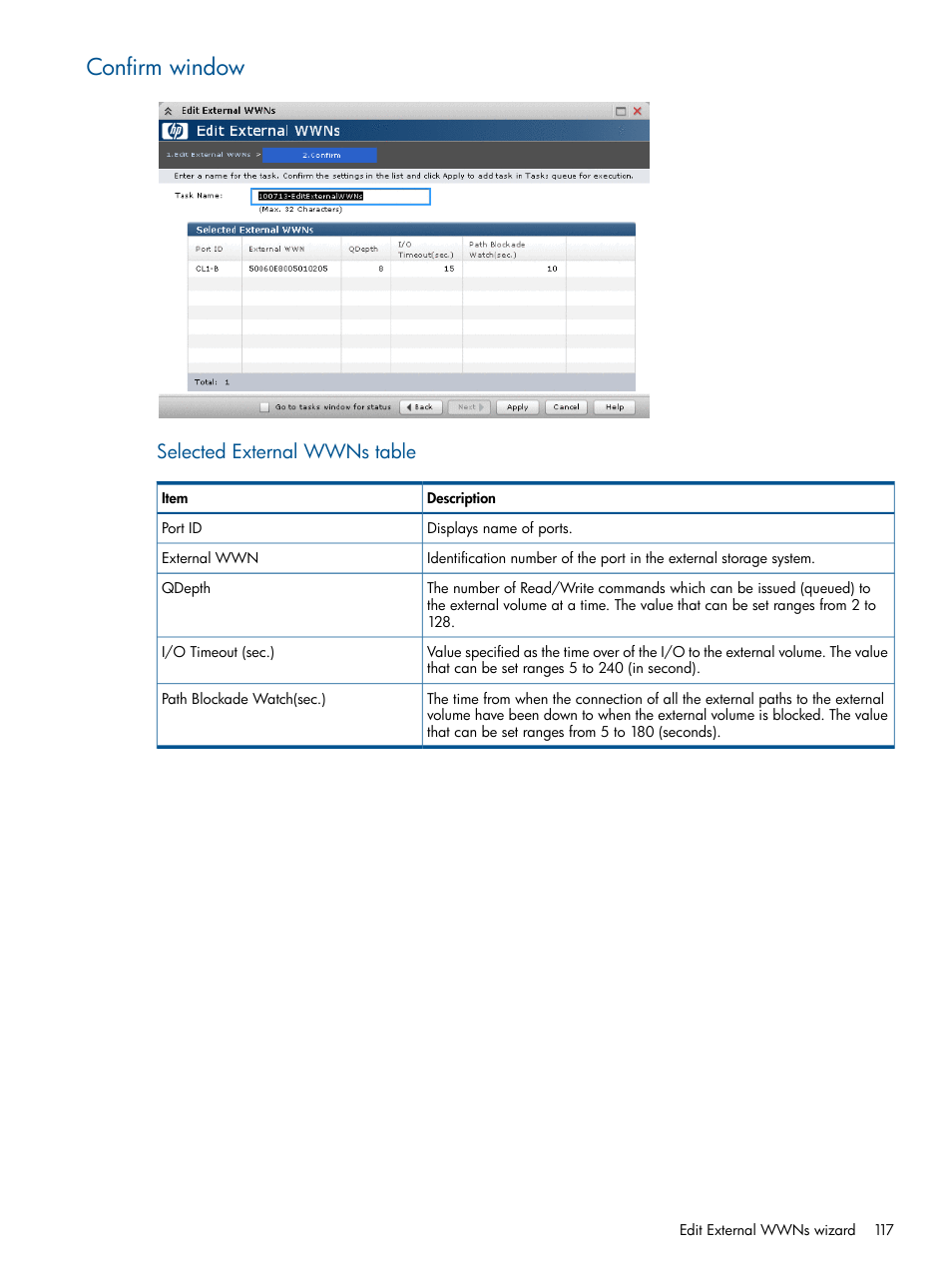Confirm window, Selected external wwns table | HP XP P9500 Storage User Manual | Page 117 / 133