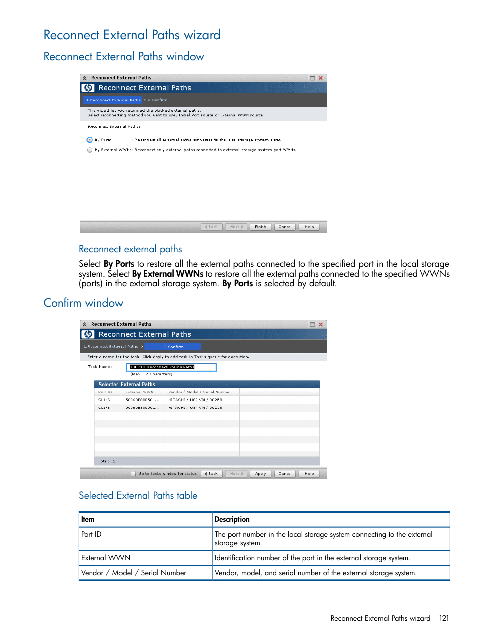 Reconnect external paths wizard, Reconnect external paths window, Confirm window | Reconnect external paths window confirm window | HP XP P9500 Storage User Manual | Page 121 / 133