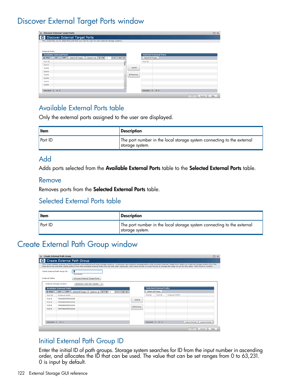 Discover external target ports window, Create external path group window, Available external ports table | Remove, Selected external ports table, Initial external path group id | HP XP P9500 Storage User Manual | Page 122 / 133