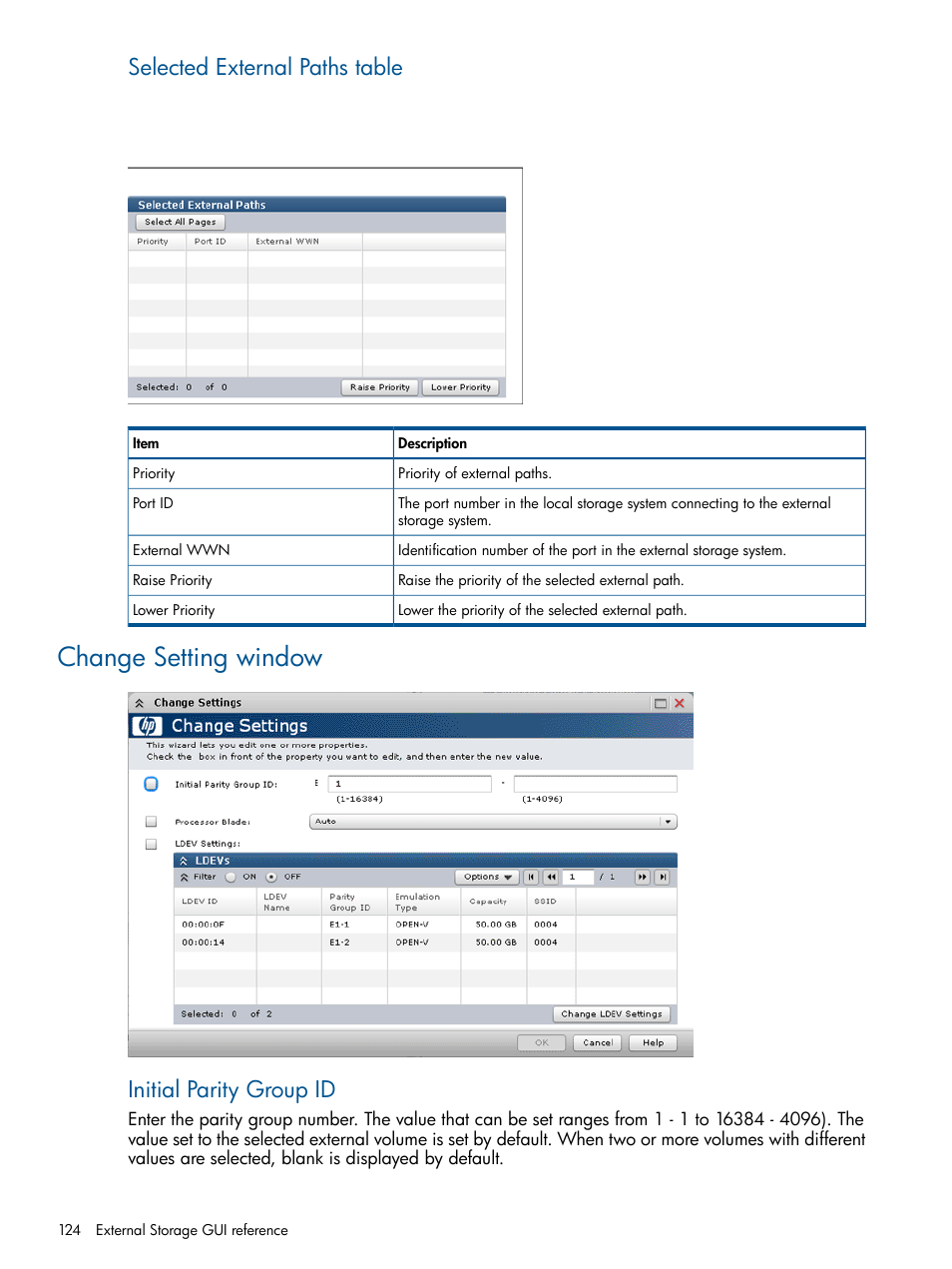 Change setting window, Selected external paths table, Initial parity group id | HP XP P9500 Storage User Manual | Page 124 / 133