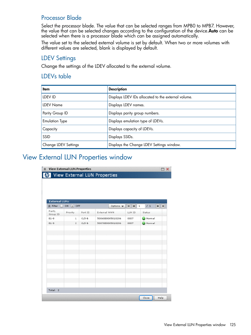 View external lun properties window, Processor blade, Ldev settings | Ldevs table | HP XP P9500 Storage User Manual | Page 125 / 133