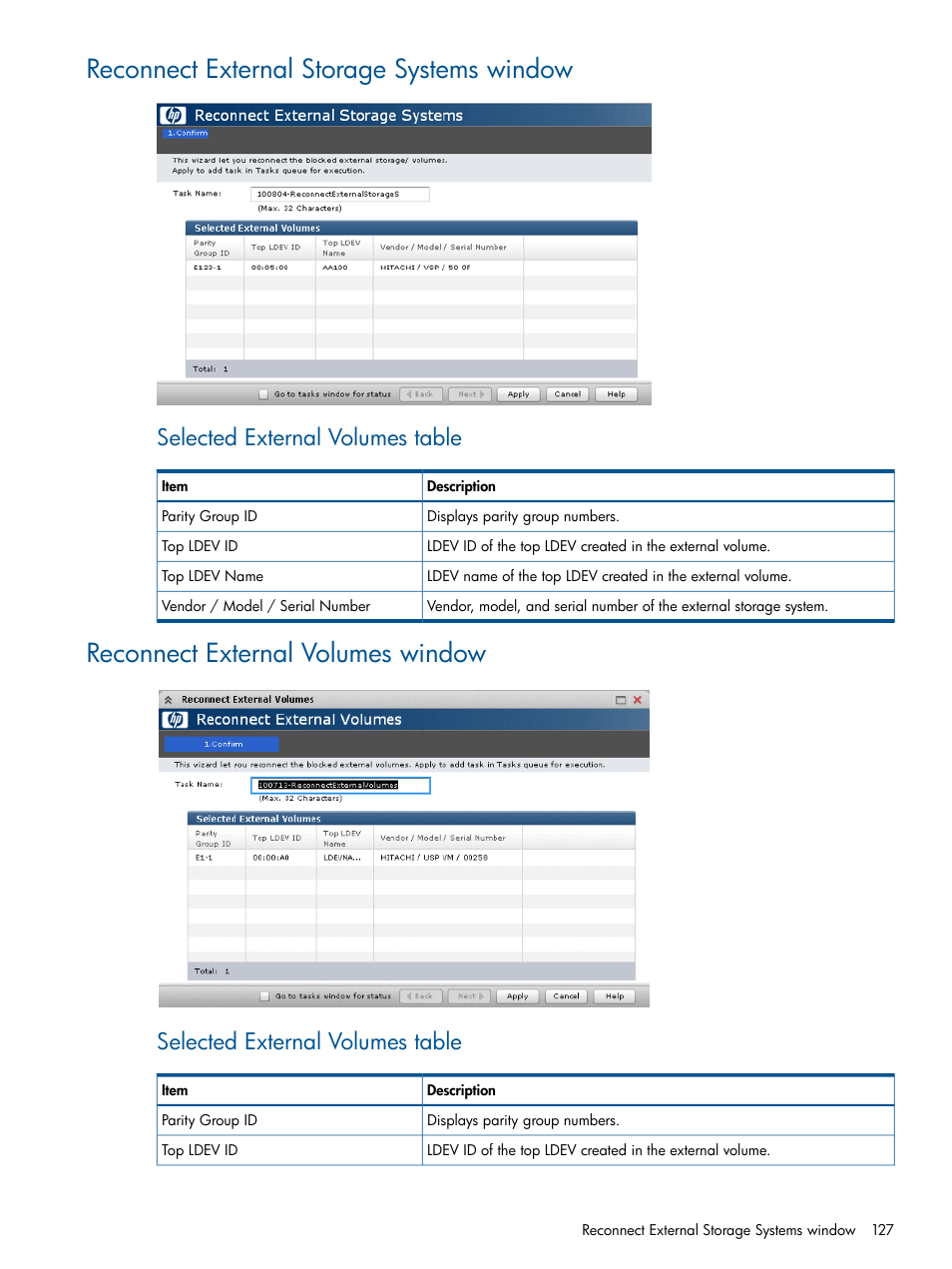 Reconnect external storage systems window, Reconnect external volumes window, Selected external volumes table | HP XP P9500 Storage User Manual | Page 127 / 133