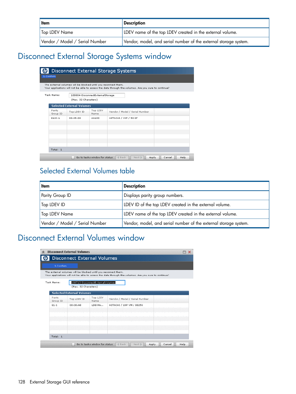 Disconnect external storage systems window, Disconnect external volumes window, Selected external volumes table | HP XP P9500 Storage User Manual | Page 128 / 133