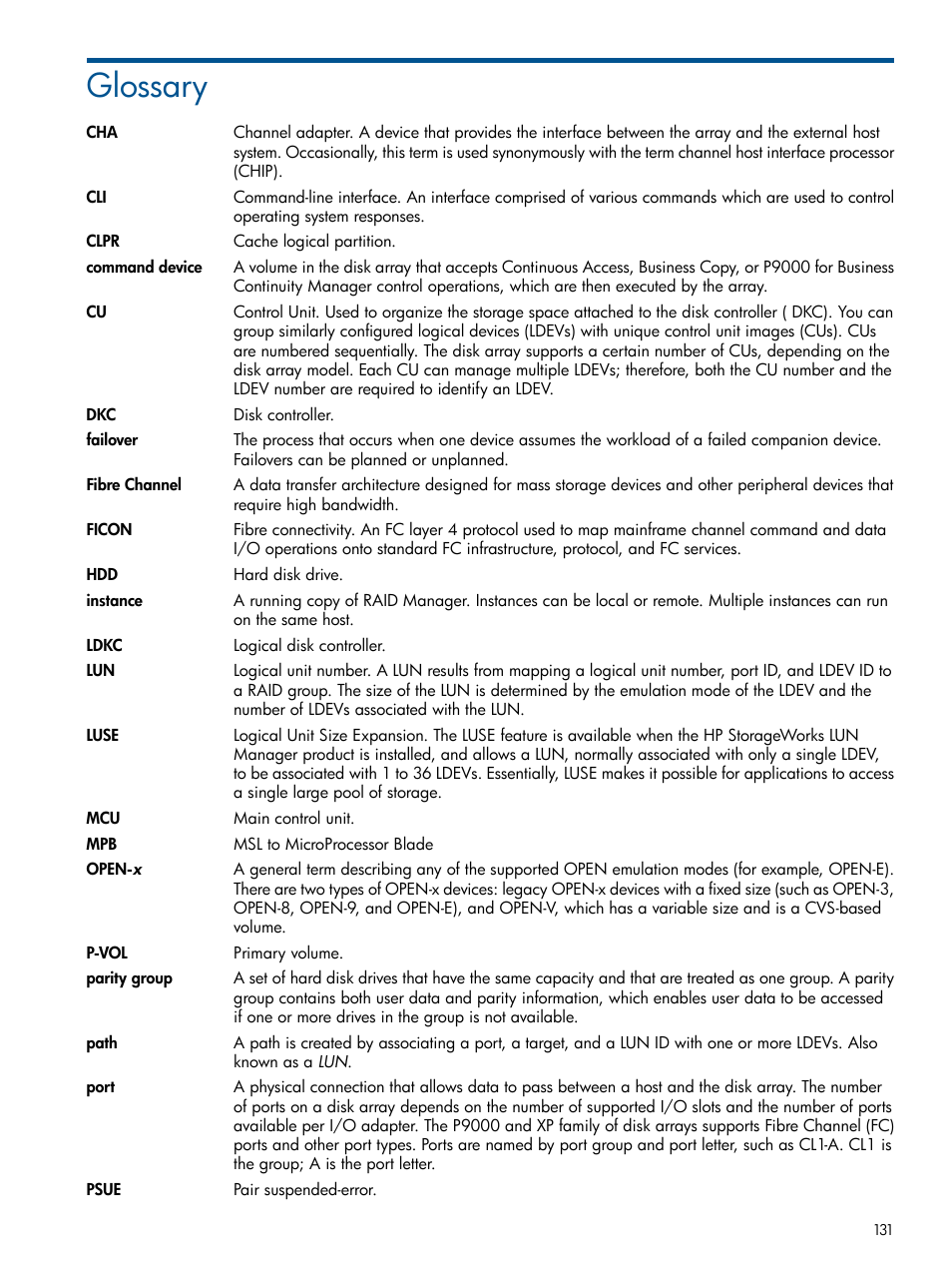 Glossary | HP XP P9500 Storage User Manual | Page 131 / 133