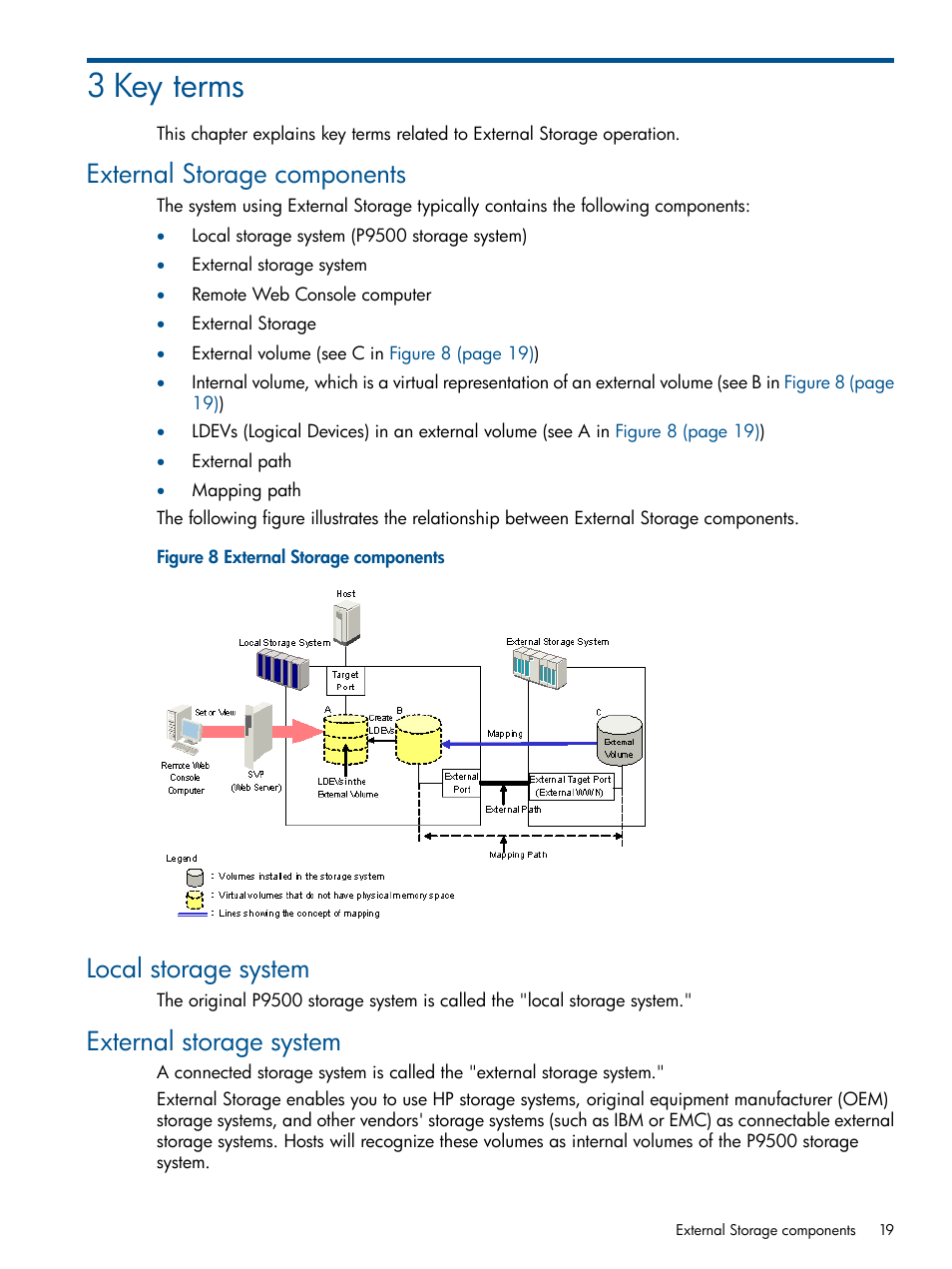3 key terms, External storage components, Local storage system | External storage system | HP XP P9500 Storage User Manual | Page 19 / 133
