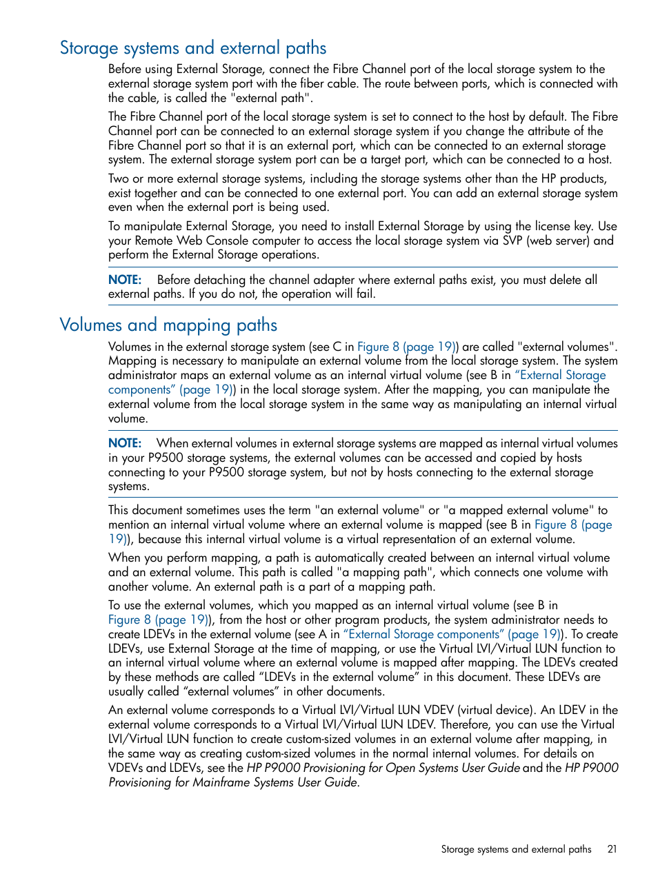 Storage systems and external paths, Volumes and mapping paths | HP XP P9500 Storage User Manual | Page 21 / 133