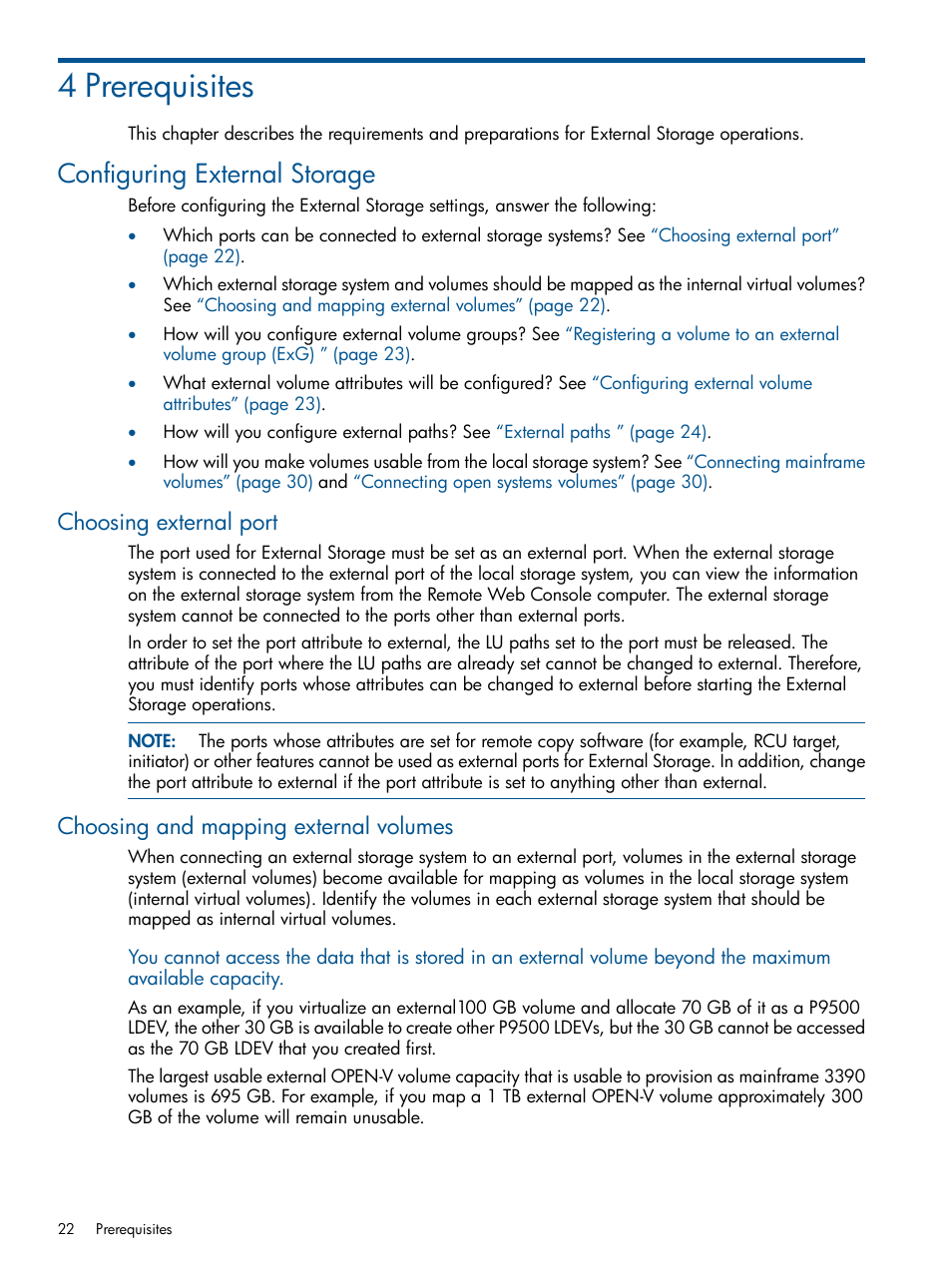 4 prerequisites, Configuring external storage, Choosing external port | Choosing and mapping external volumes | HP XP P9500 Storage User Manual | Page 22 / 133