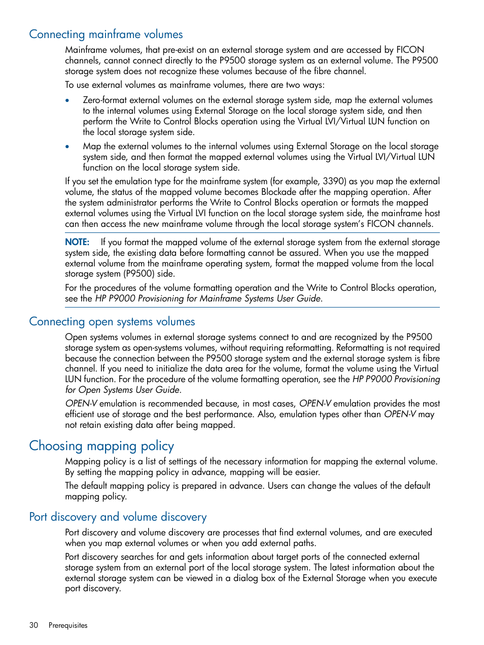Connecting mainframe volumes, Connecting open systems volumes, Choosing mapping policy | Port discovery and volume discovery, Connecting mainframe | HP XP P9500 Storage User Manual | Page 30 / 133