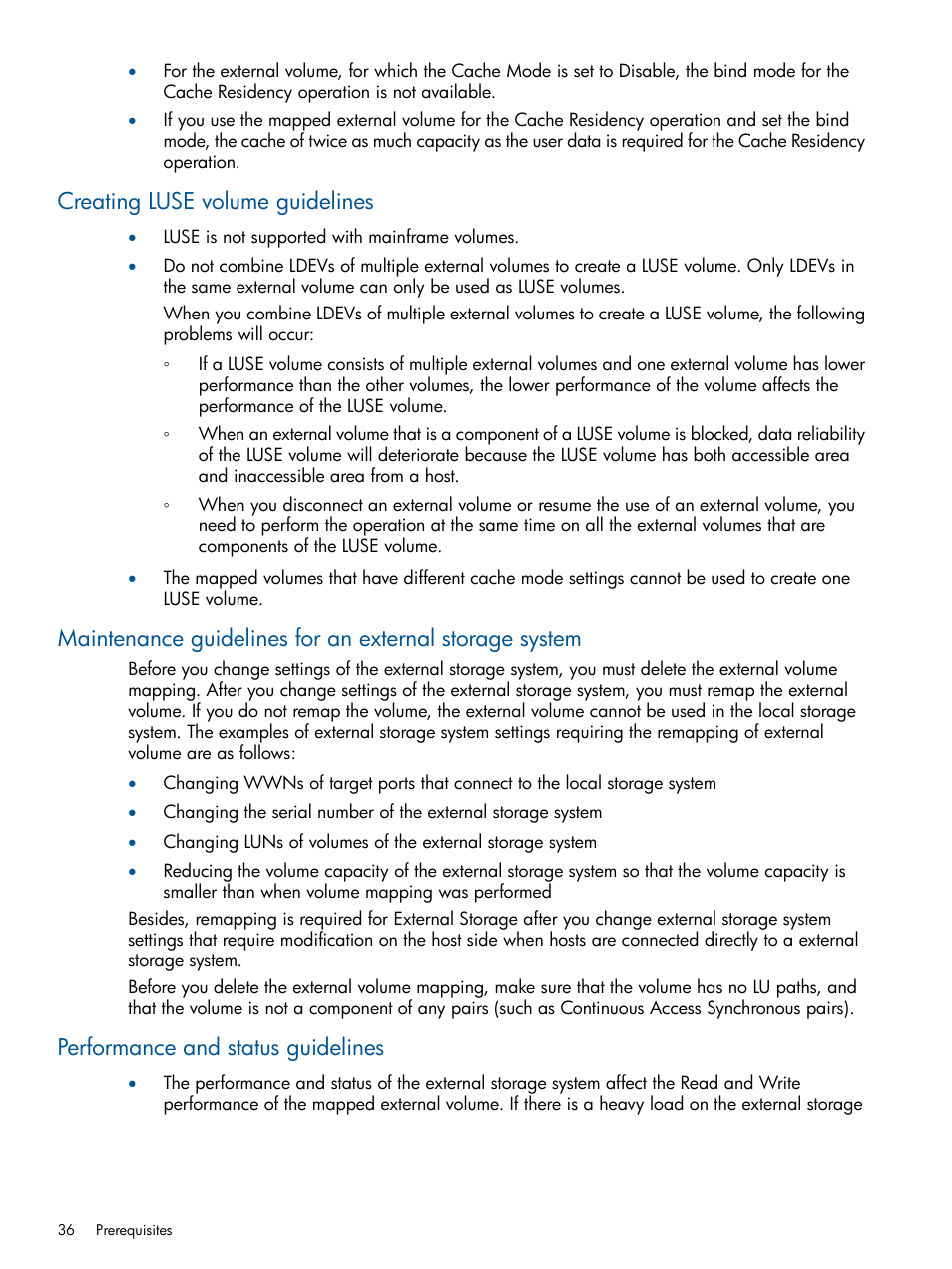 Creating luse volume guidelines, Performance and status guidelines | HP XP P9500 Storage User Manual | Page 36 / 133