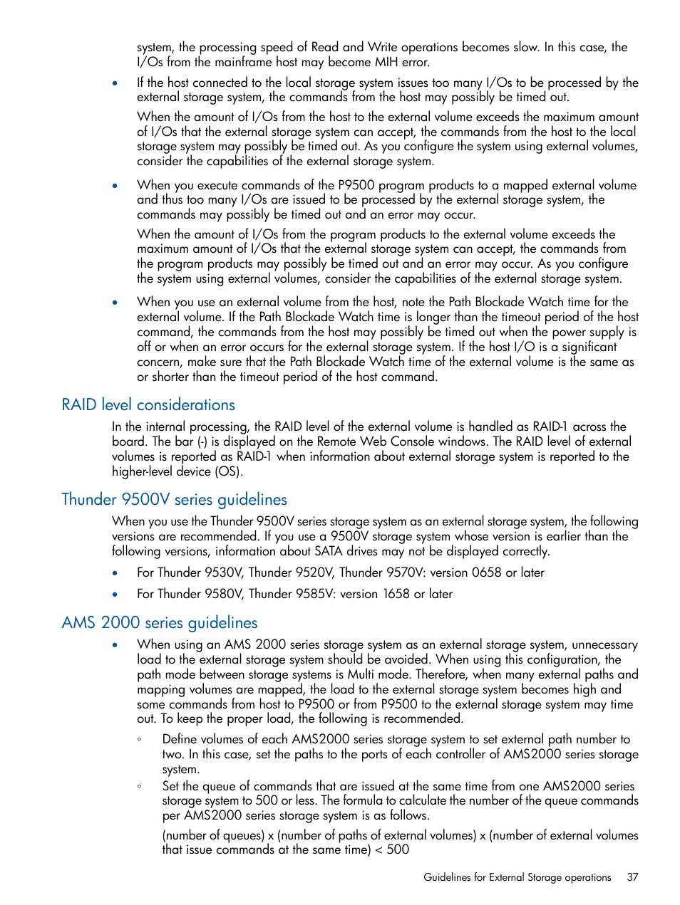 Raid level considerations, Thunder 9500v series guidelines, Ams 2000 series guidelines | HP XP P9500 Storage User Manual | Page 37 / 133