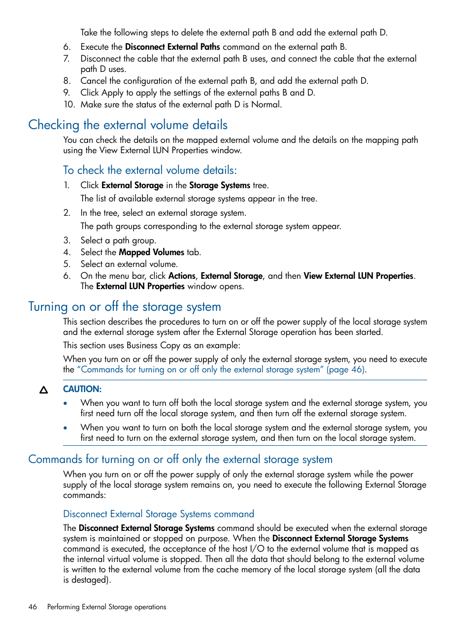 Checking the external volume details, Turning on or off the storage system | HP XP P9500 Storage User Manual | Page 46 / 133