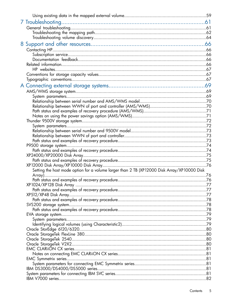 7 troubleshooting, 8 support and other resources, A connecting external storage systems | HP XP P9500 Storage User Manual | Page 5 / 133