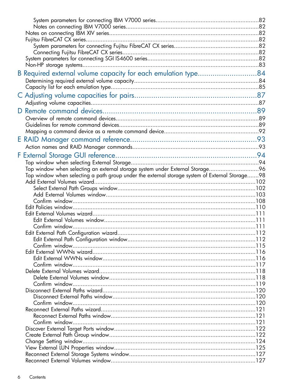 C adjusting volume capacities for pairs, D remote command devices, E raid manager command reference | F external storage gui reference | HP XP P9500 Storage User Manual | Page 6 / 133