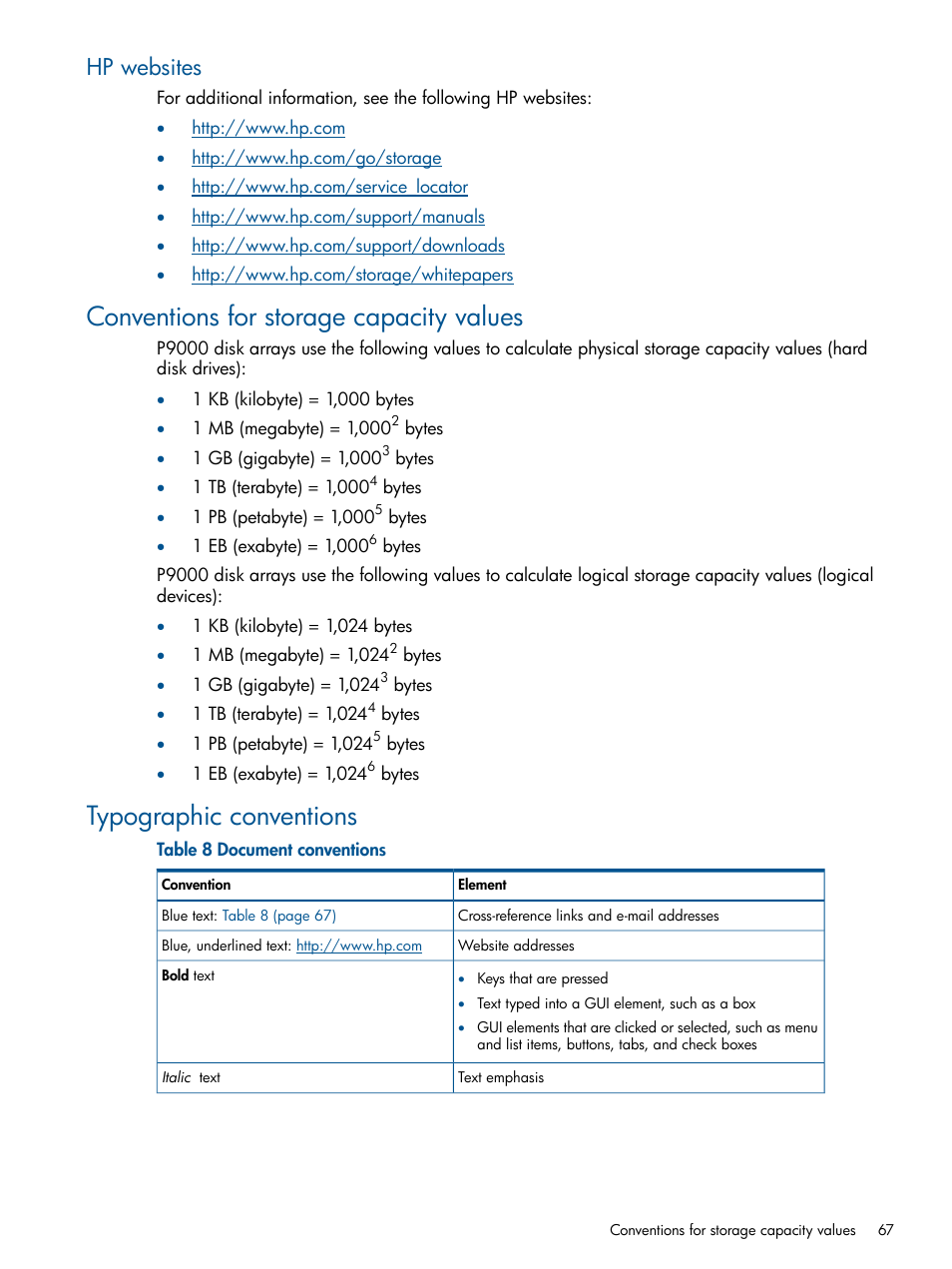Hp websites, Conventions for storage capacity values, Typographic conventions | HP XP P9500 Storage User Manual | Page 67 / 133