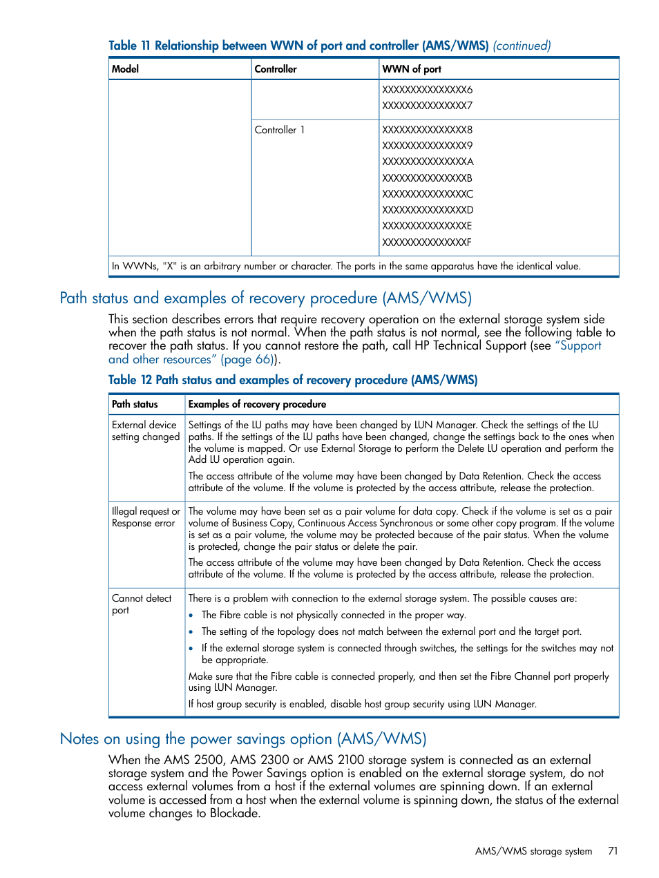 Notes on using the power savings option (ams/wms), Path | HP XP P9500 Storage User Manual | Page 71 / 133