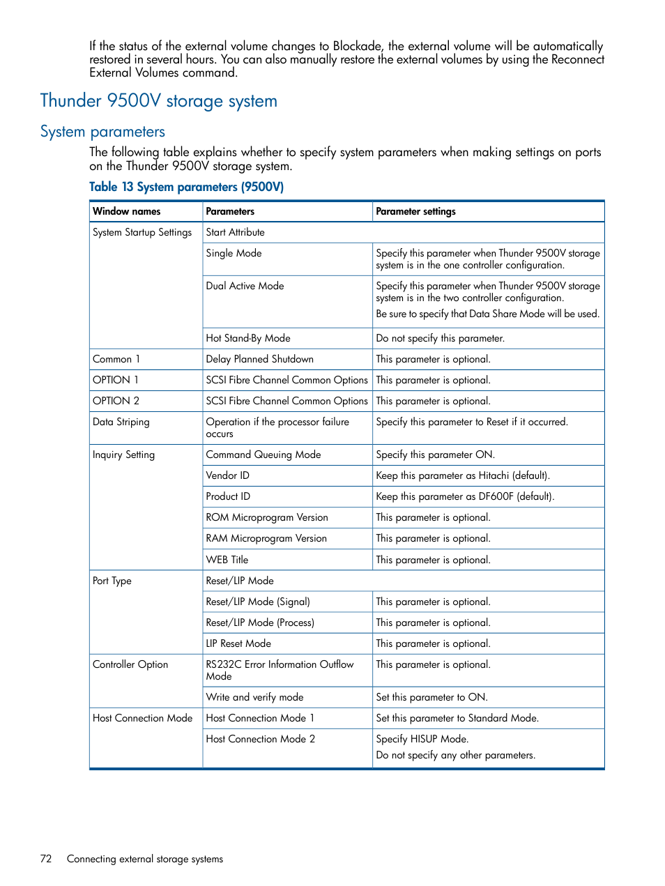 Thunder 9500v storage system, System parameters | HP XP P9500 Storage User Manual | Page 72 / 133