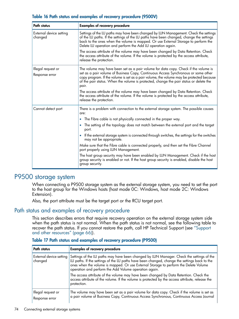 P9500 storage system, Path status and examples of recovery procedure | HP XP P9500 Storage User Manual | Page 74 / 133