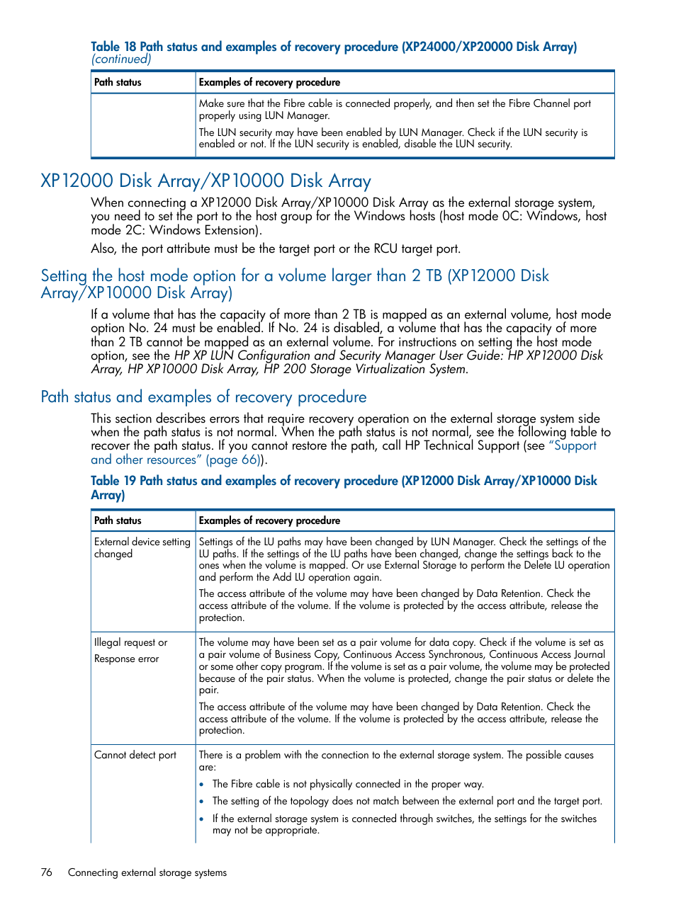 Xp12000 disk array/xp10000 disk array, Path status and examples of recovery procedure | HP XP P9500 Storage User Manual | Page 76 / 133