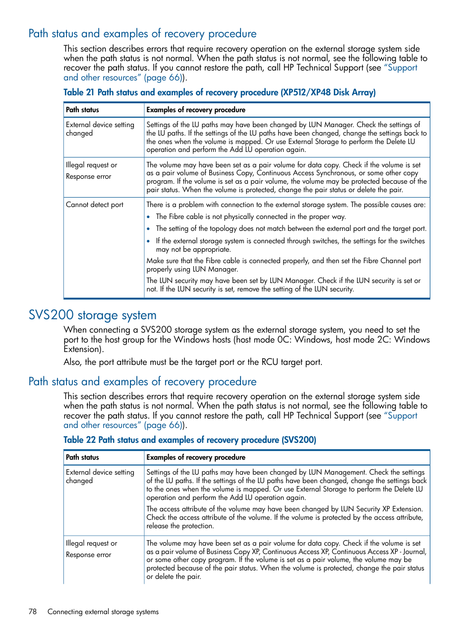 Path status and examples of recovery procedure, Svs200 storage system | HP XP P9500 Storage User Manual | Page 78 / 133