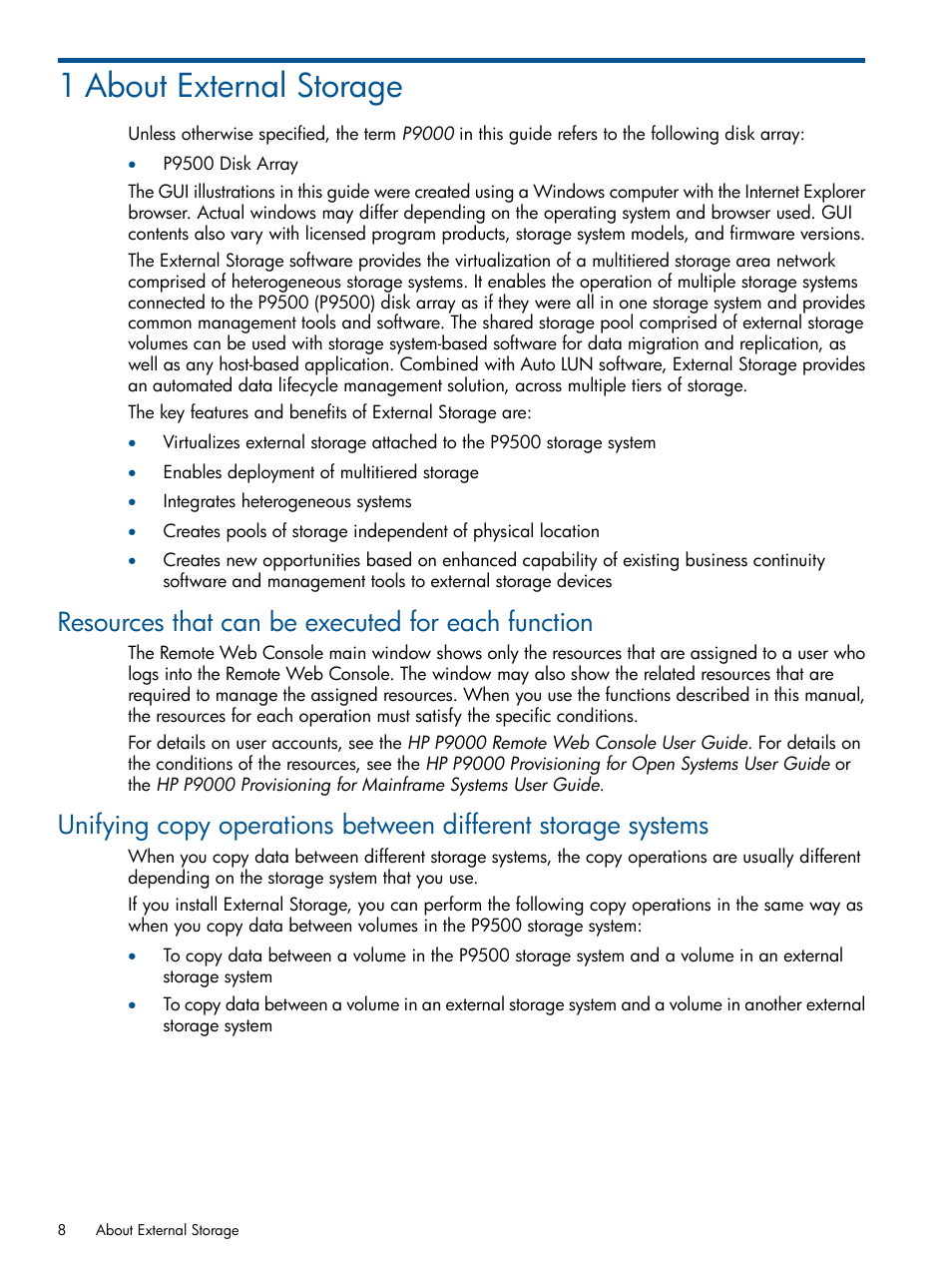 1 about external storage, Resources that can be executed for each function | HP XP P9500 Storage User Manual | Page 8 / 133