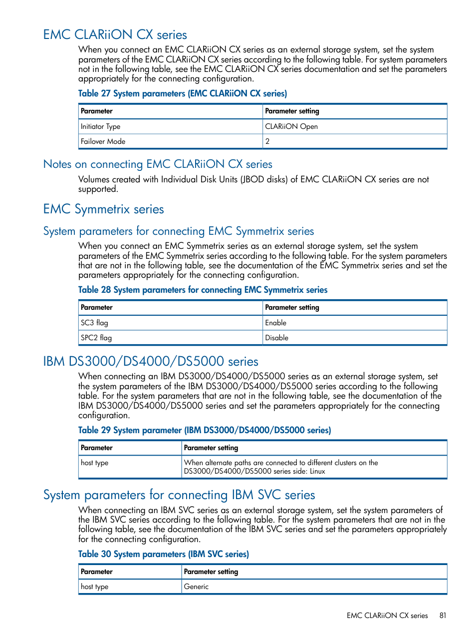 Emc clariion cx series, Notes on connecting emc clariion cx series, Emc symmetrix series | Ibm ds3000/ds4000/ds5000 series, System parameters for connecting ibm svc series | HP XP P9500 Storage User Manual | Page 81 / 133
