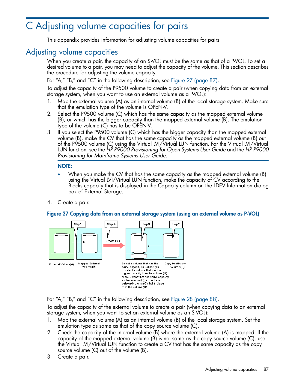 C adjusting volume capacities for pairs, Adjusting volume capacities | HP XP P9500 Storage User Manual | Page 87 / 133
