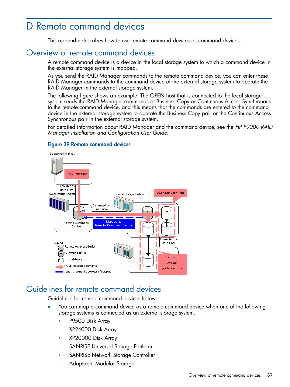 D remote command devices, Overview of remote command devices, Guidelines for remote command devices | HP XP P9500 Storage User Manual | Page 89 / 133