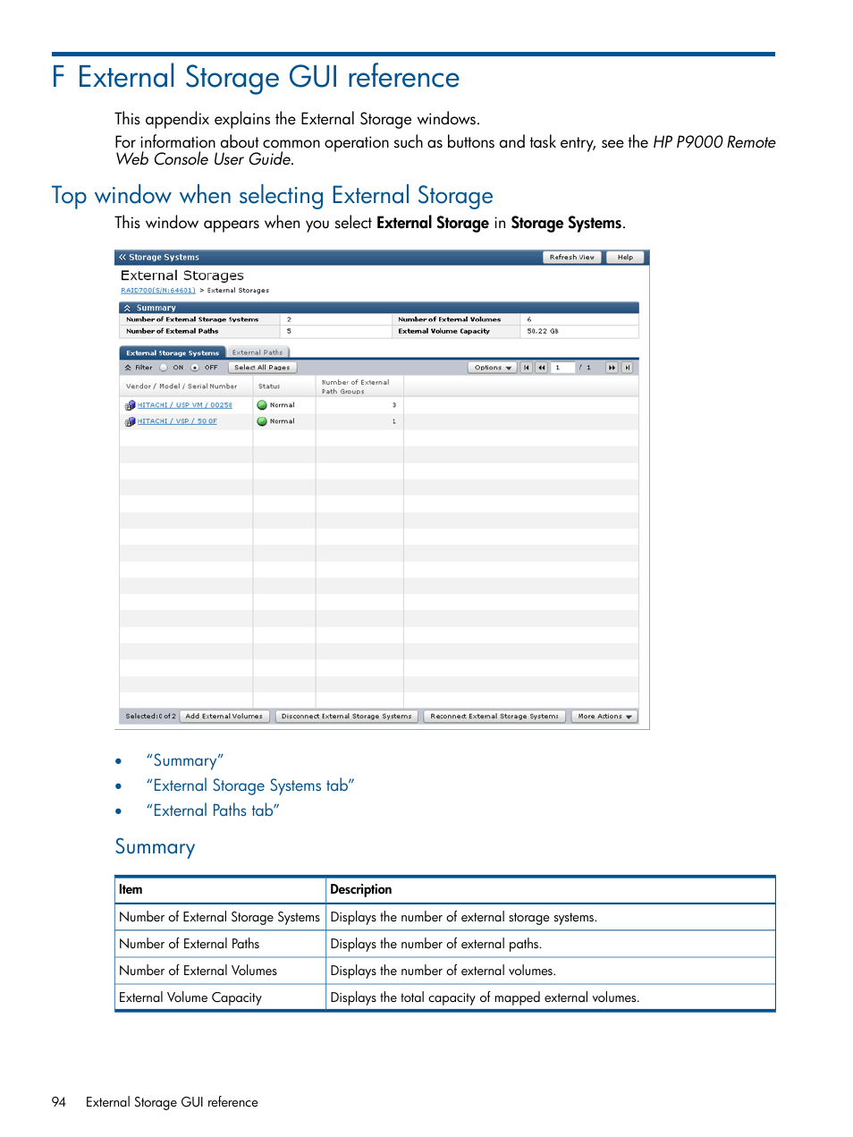 F external storage gui reference, Top window when selecting external storage, Summary | HP XP P9500 Storage User Manual | Page 94 / 133