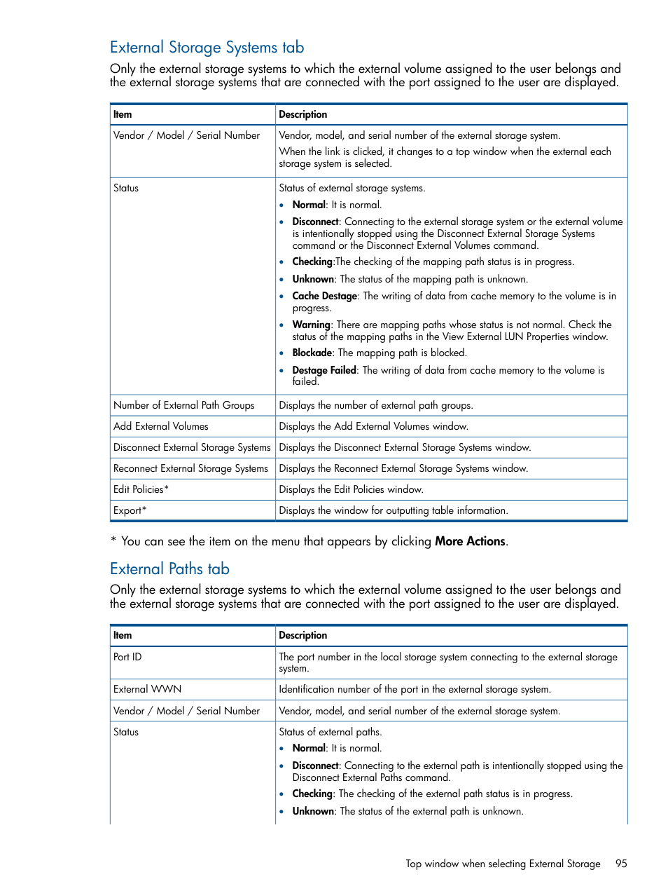 External storage systems tab, External paths tab | HP XP P9500 Storage User Manual | Page 95 / 133