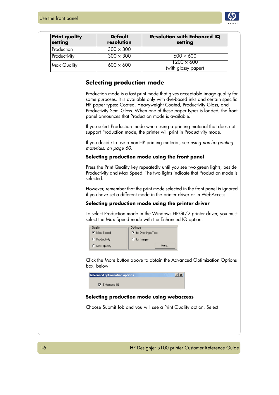 Selecting production mode | HP Designjet 5100 Printer series User Manual | Page 10 / 123