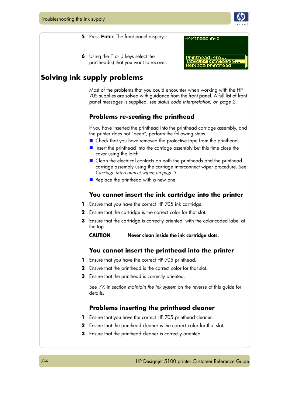 Solving ink supply problems | HP Designjet 5100 Printer series User Manual | Page 100 / 123