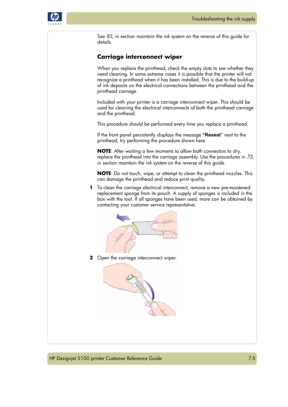 Carriage interconnect wiper | HP Designjet 5100 Printer series User Manual | Page 101 / 123
