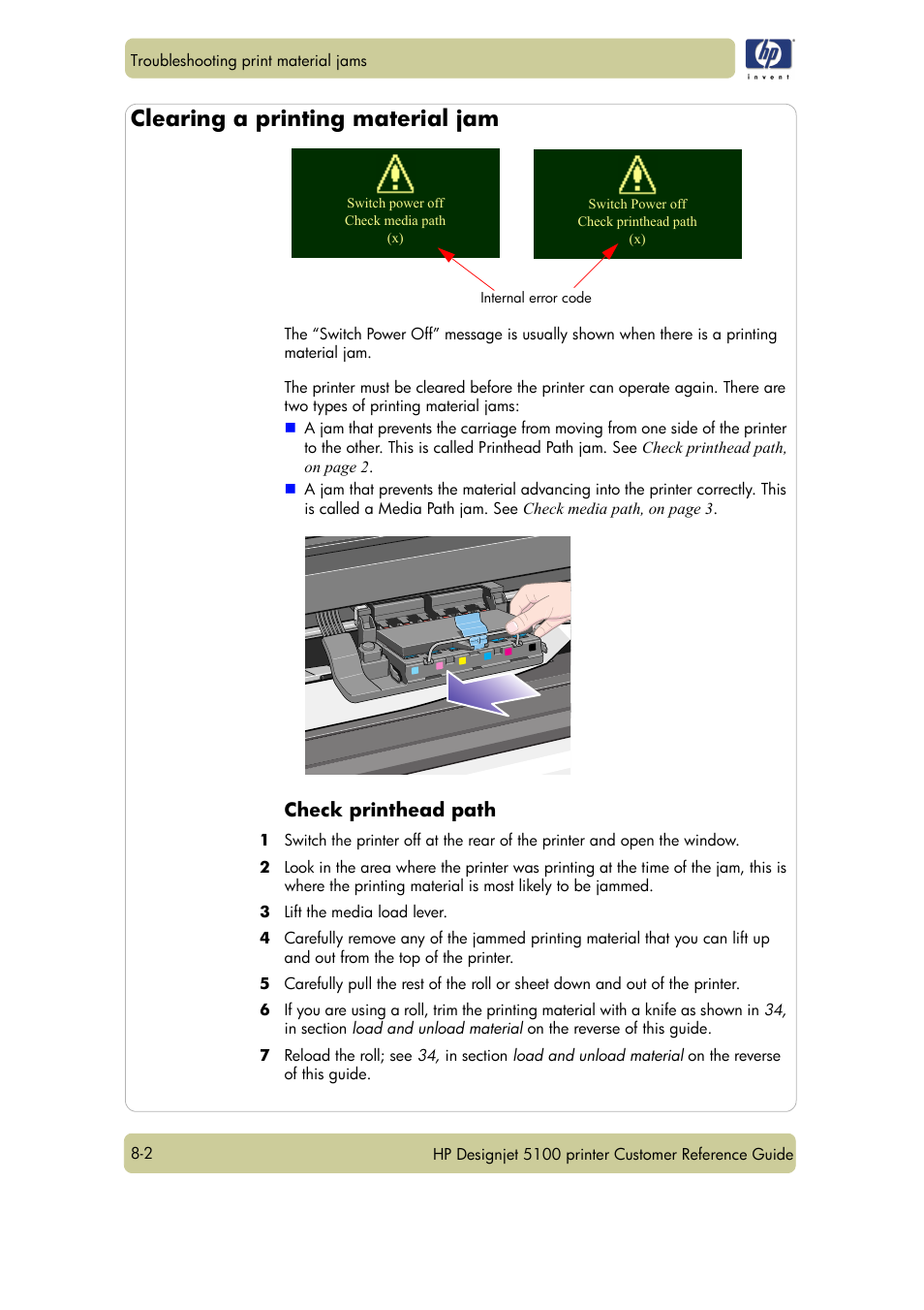 Clearing a printing material jam, Check printhead path | HP Designjet 5100 Printer series User Manual | Page 106 / 123