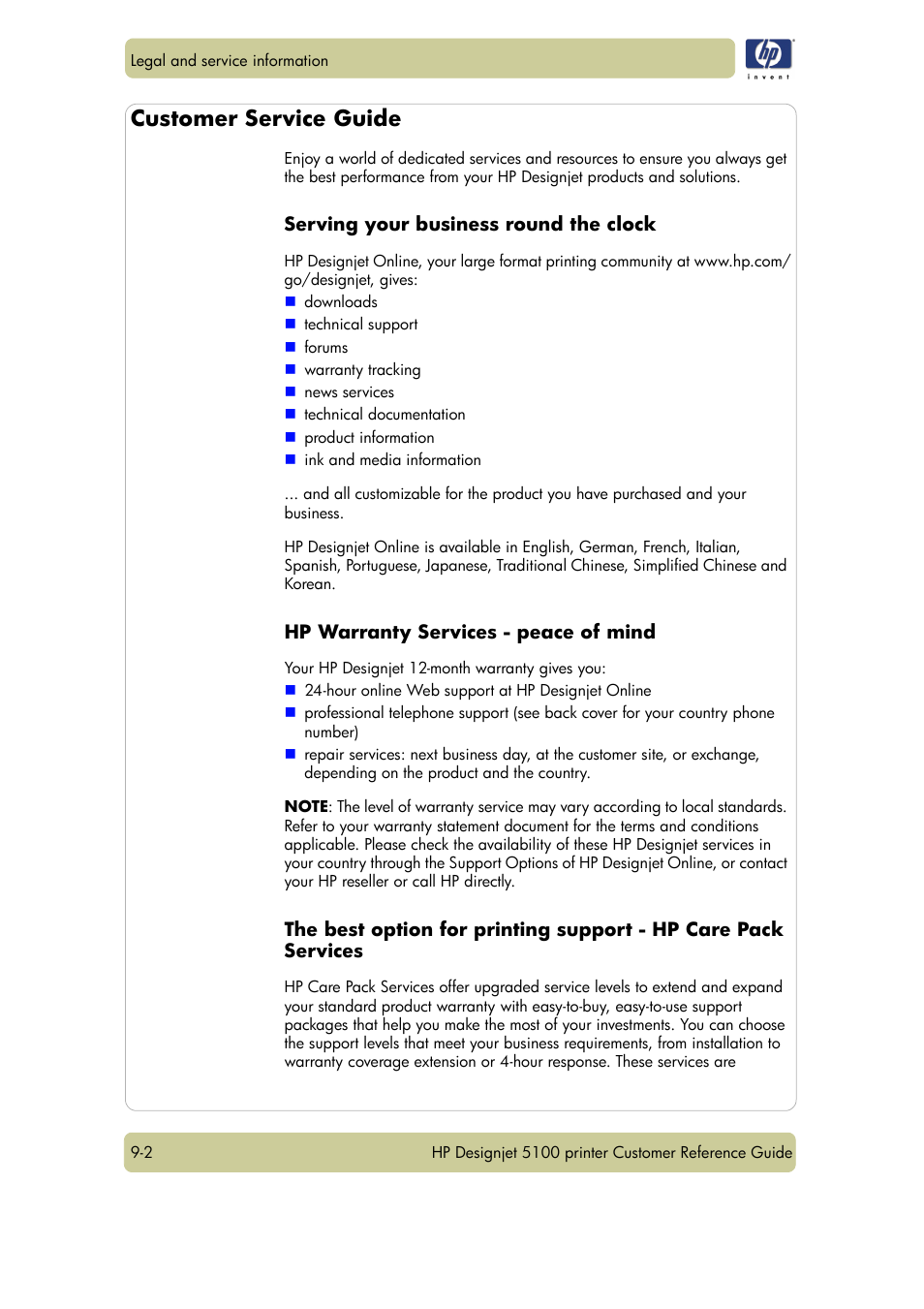Customer service guide | HP Designjet 5100 Printer series User Manual | Page 110 / 123