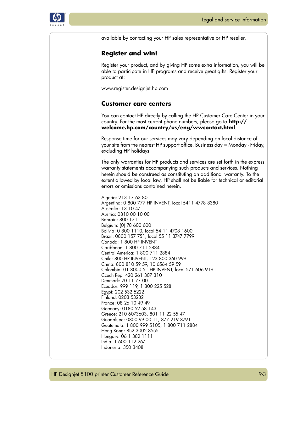 Register and win, Customer care centers | HP Designjet 5100 Printer series User Manual | Page 111 / 123