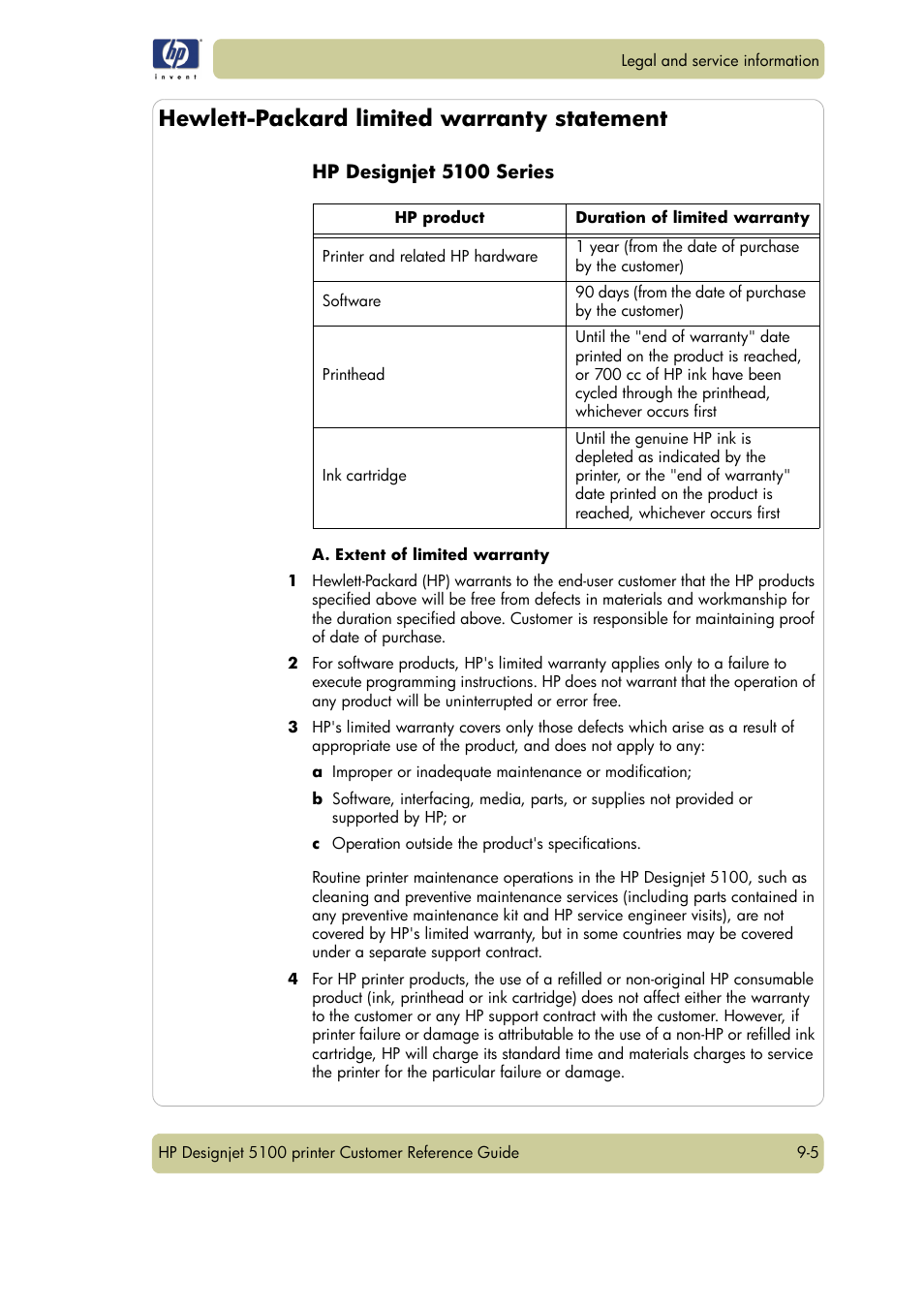 Hewlett-packard limited warranty statement, Hp designjet 5100 series | HP Designjet 5100 Printer series User Manual | Page 113 / 123