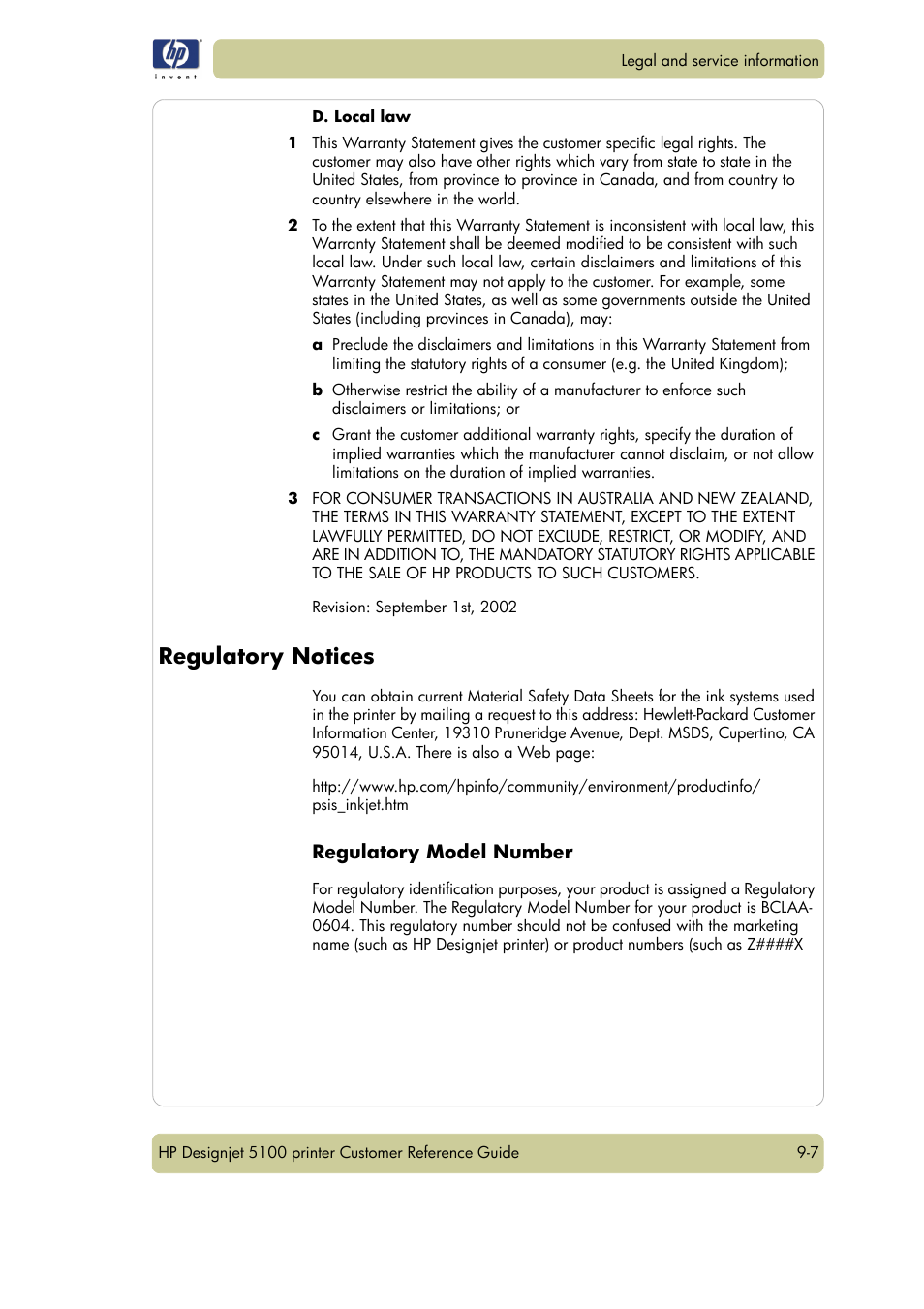 Regulatory notices, Regulatory model number | HP Designjet 5100 Printer series User Manual | Page 115 / 123