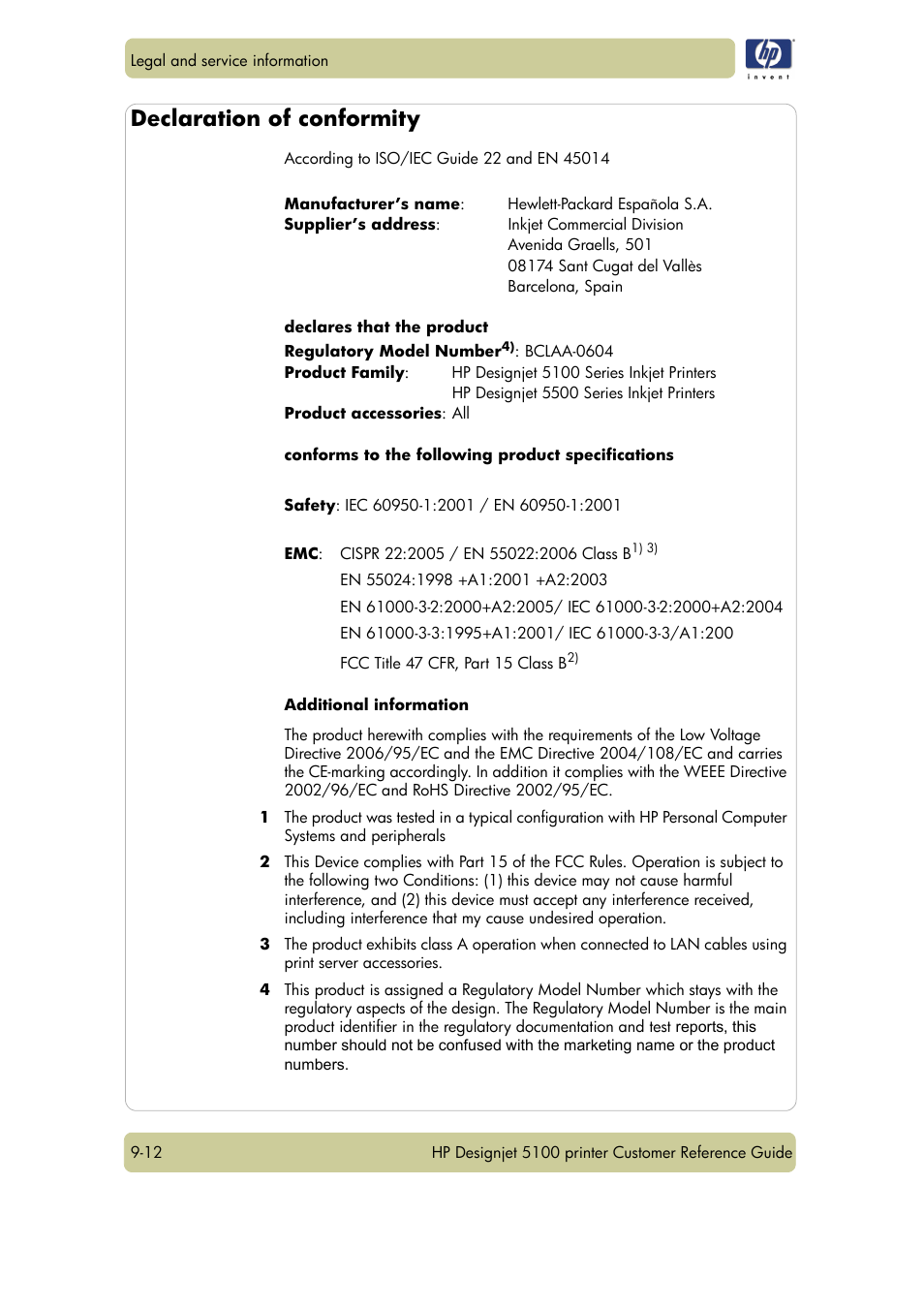Declaration of conformity | HP Designjet 5100 Printer series User Manual | Page 120 / 123