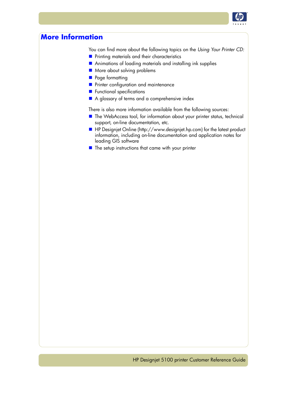 More information | HP Designjet 5100 Printer series User Manual | Page 2 / 123